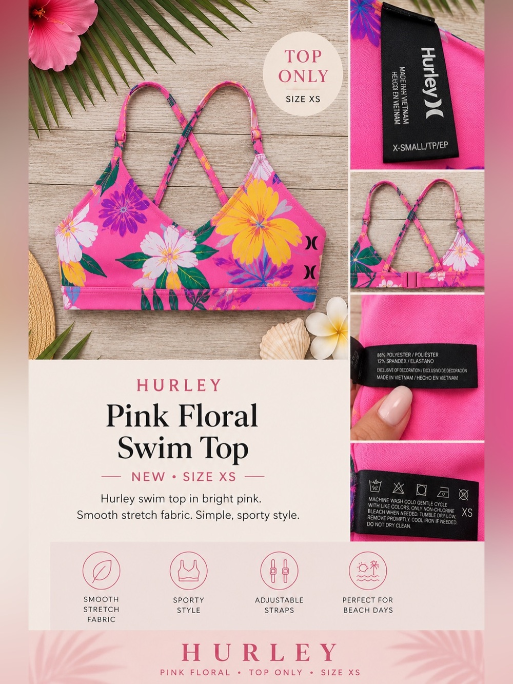 Hurley‎ Pink Floral Swim Top NEW XS